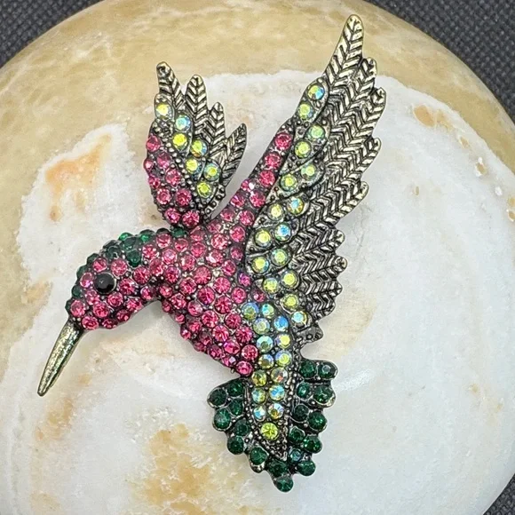 Vintage Crystal Hummingbird Bird Brooch Pin - Pink & Green - Picture 2 of 7